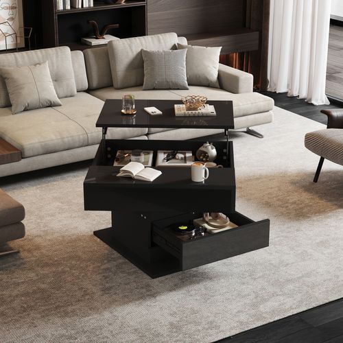 Table Basse Carrée Relevable 70cm Noire Laquée Rotation 360°, Tiroir Et Rangement Caché