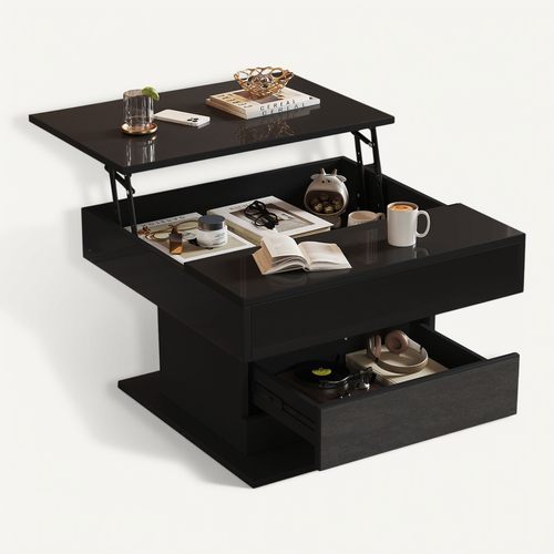 Table Basse Carrée Relevable 70cm Noire Laquée Rotation 360°, Tiroir Et Rangement Caché