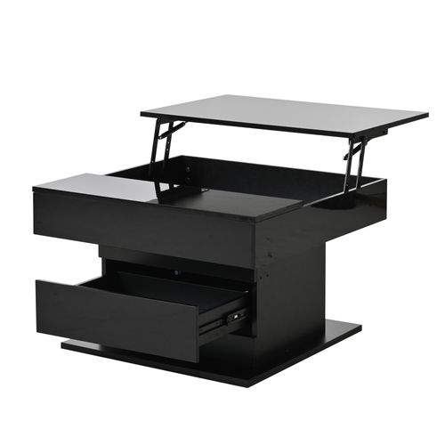 Table Basse Carrée Relevable 70cm Noire Laquée Rotation 360°, Tiroir Et Rangement Caché