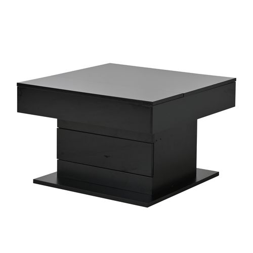 Table Basse Carrée Relevable 70cm Noire Laquée Rotation 360°, Tiroir Et Rangement Caché