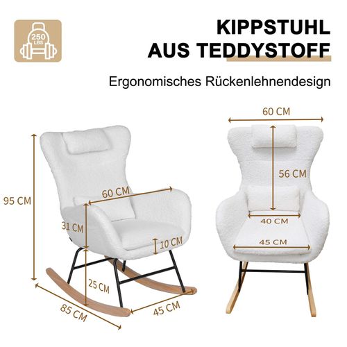 Fauteuil à Bascule En Tissu Teddy Blanc, En Métal Et Bois, Chambre Et Salon