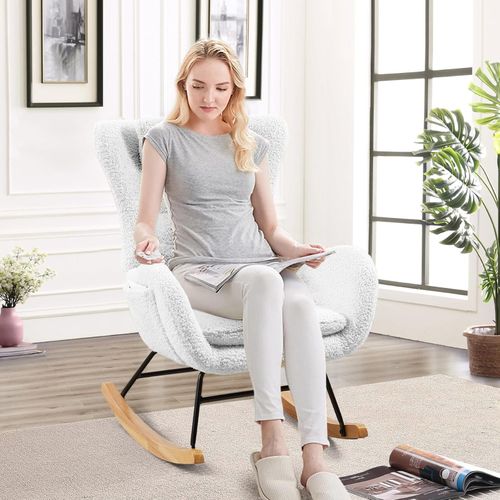 Fauteuil à Bascule En Tissu Teddy Blanc, En Métal Et Bois, Chambre Et Salon