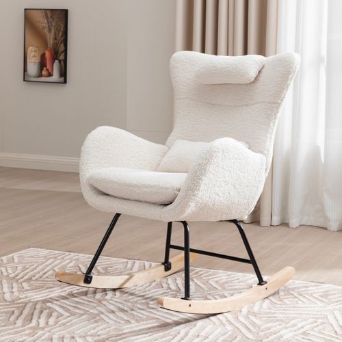 Fauteuil à Bascule En Tissu Teddy Blanc, En Métal Et Bois, Chambre Et Salon
