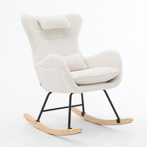 Fauteuil à Bascule En Tissu Teddy Blanc, En Métal Et Bois, Chambre Et Salon