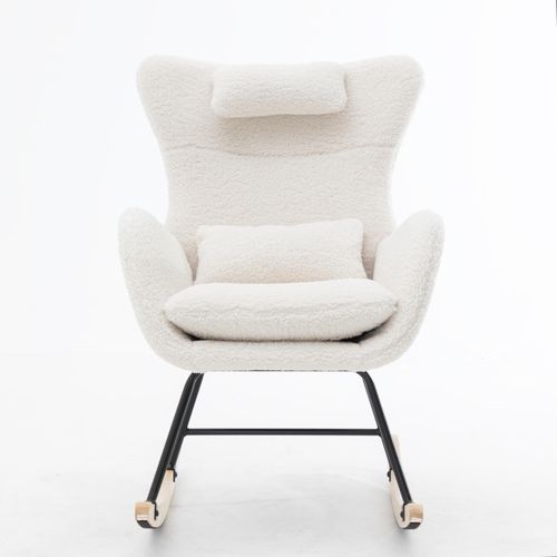 Fauteuil à Bascule En Tissu Teddy Blanc, En Métal Et Bois, Chambre Et Salon