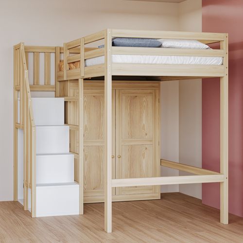 Lit Mezzanine Enfant 90x200 Cm Avec Armoire Et Marches De Rangement, Bois Naturel