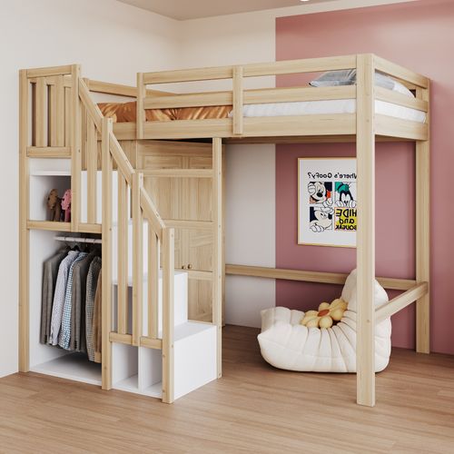 Lit Mezzanine Enfant 90x200 Cm Avec Armoire Et Marches De Rangement, Bois Naturel