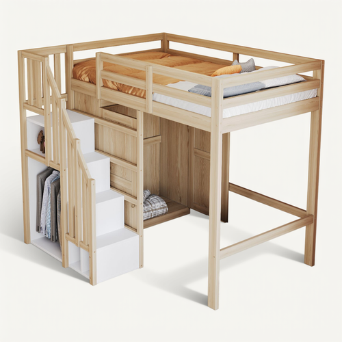 Lit Mezzanine Enfant 90x200 Cm Avec Armoire Et Marches De Rangement, Bois Naturel