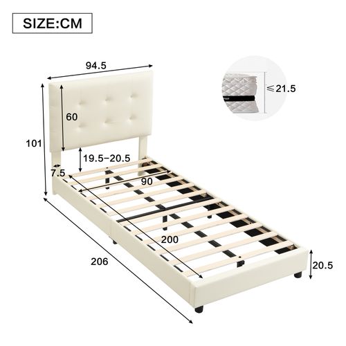 Lit Enfant 90x200 Cm En Pu, Tête En Biscuit Beige, Bois Et Métal, Sommier à Lattes