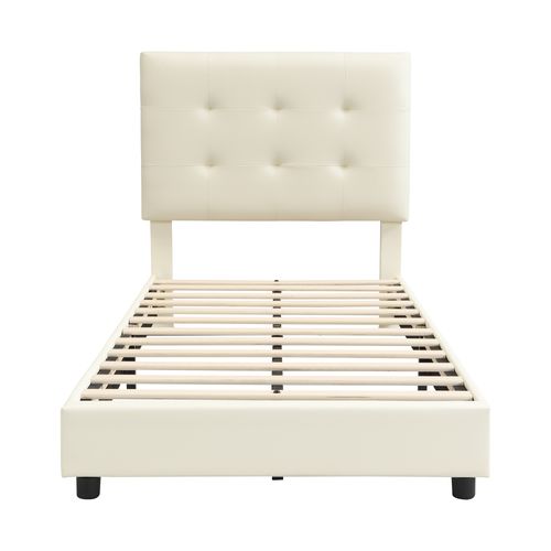 Lit Enfant 90x200 Cm En Pu, Tête En Biscuit Beige, Bois Et Métal, Sommier à Lattes