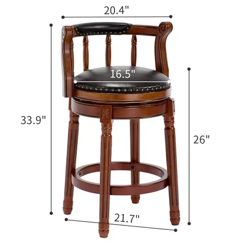 Tabouret De Bar Assise Noire H.66 Cm Pivotante, Dossier Rembourré, Cadre Bois Brun, Style Vintage
