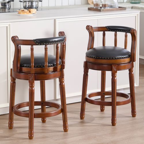 Tabouret De Bar Assise Noire H.66 Cm Pivotante, Dossier Rembourré, Cadre Bois Brun, Style Vintage
