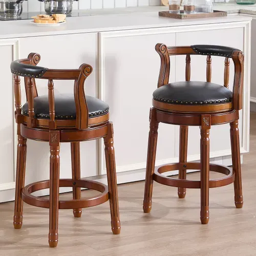 Tabouret De Bar Assise Noire H.66 Cm Pivotante, Dossier Rembourré, Cadre Bois Brun, Style Vintage