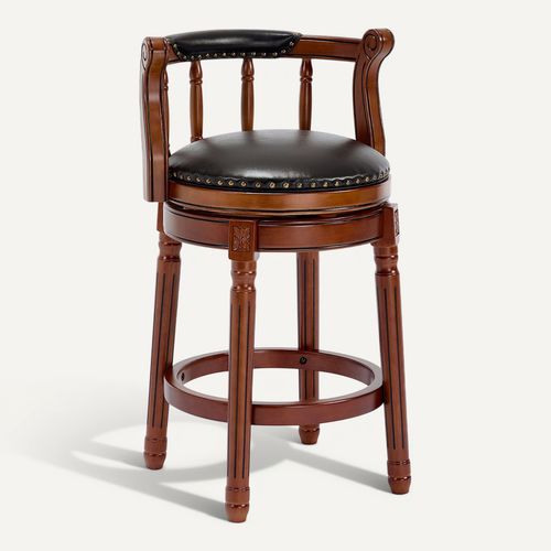 Tabouret De Bar Assise Noire H.66 Cm Pivotante, Dossier Rembourré, Cadre Bois Brun, Style Vintage