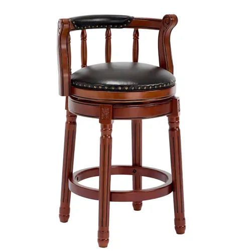 Tabouret De Bar Assise Noire H.66 Cm Pivotante, Dossier Rembourré, Cadre Bois Brun, Style Vintage