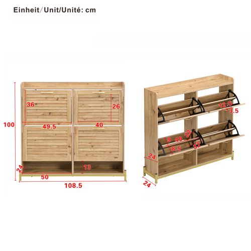 Meuble à Chaussures 108,5×24×100 Cm, 4 Portes, Bois Et Piètement Métal
