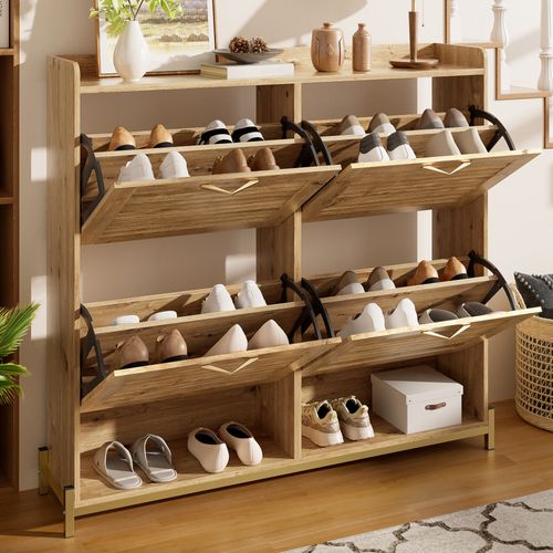 Meuble à Chaussures 108,5×24×100 Cm, 4 Portes, Bois Et Piètement Métal