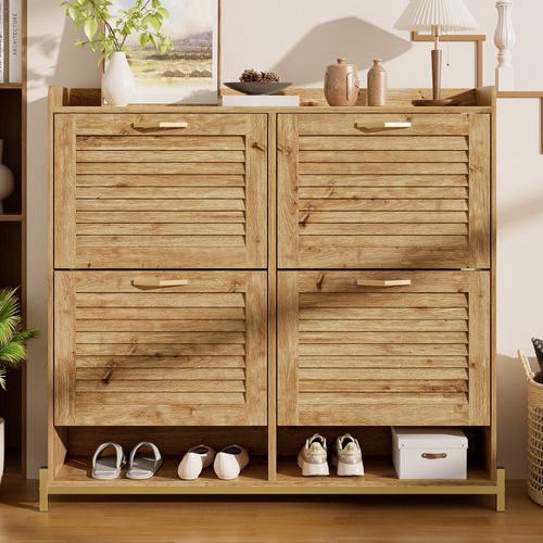 Meuble à Chaussures 108,5×24×100 Cm, 4 Portes, Bois Et Piètement Métal