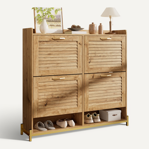 Meuble à Chaussures 108,5×24×100 Cm, 4 Portes, Bois Et Piètement Métal