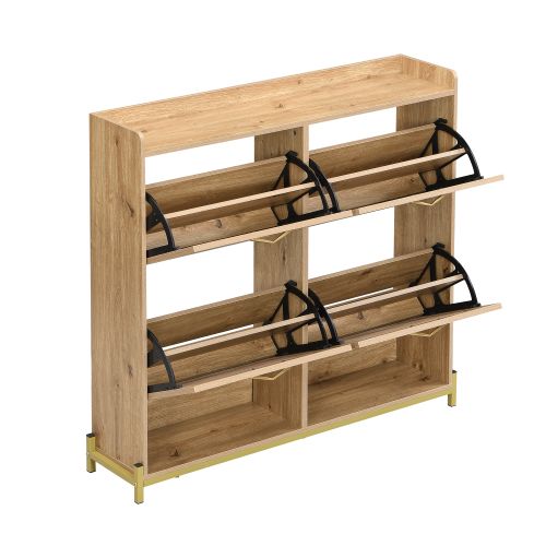 Meuble à Chaussures 108,5×24×100 Cm, 4 Portes, Bois Et Piètement Métal