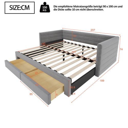 Lit Enfant Gigogne 90x190 Cm Convertible 180x190 Cm Avec 2 Tiroirs, Lin Gris