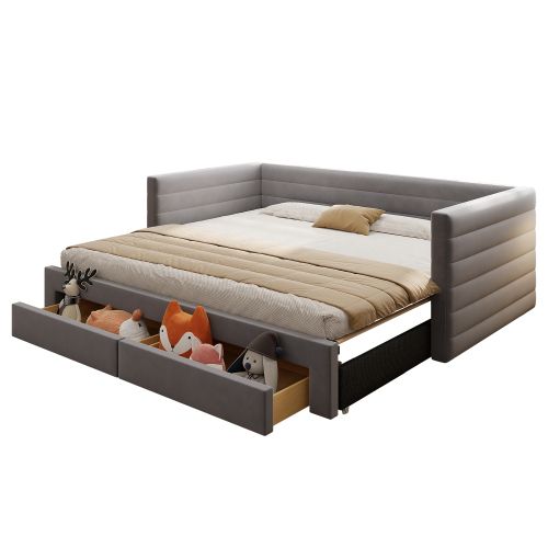 Lit Enfant Gigogne 90x190 Cm Convertible 180x190 Cm Avec 2 Tiroirs, Lin Gris