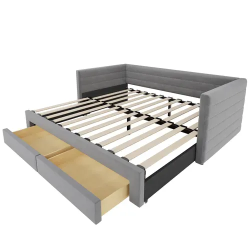 Lit Enfant Gigogne 90x190 Cm Convertible 180x190 Cm Avec 2 Tiroirs, Lin Gris