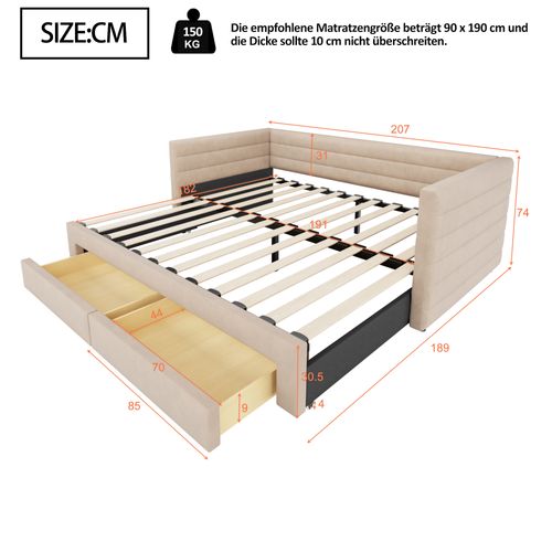 Lit Enfant Gigogne 90/180x190 Cm En Lin Beige Avec 2 Tiroirs, Sommier à Lattes