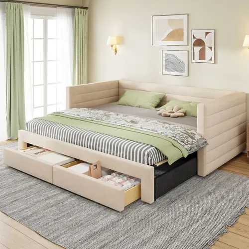 Lit Enfant Gigogne 90/180x190 Cm En Lin Beige Avec 2 Tiroirs, Sommier à Lattes