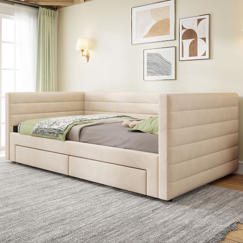 Lit Enfant Gigogne 90/180x190 Cm En Lin Beige Avec 2 Tiroirs, Sommier à Lattes