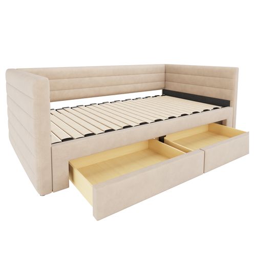 Lit Enfant Gigogne 90/180x190 Cm En Lin Beige Avec 2 Tiroirs, Sommier à Lattes