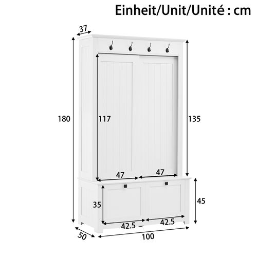 Vestiaire D'entrée Blanc à Portes Coulissantes Avec Rangements, Étagères à Chaussures Et Crochets