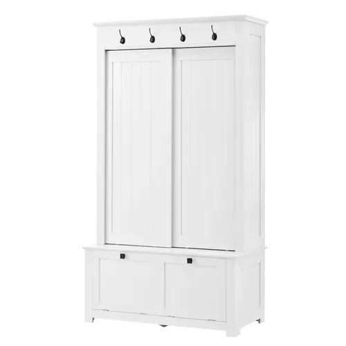 Vestiaire D'entrée Blanc à Portes Coulissantes Avec Rangements, Étagères à Chaussures Et Crochets