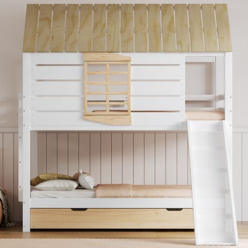 Lit Superposé 90x200 Cm Avec Lit Gigogne 90x190 Cm Pin Blanc, Cabane Enfant Et Toboggan