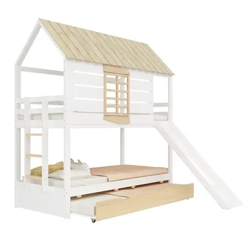 Lit Superposé 90x200 Cm Avec Lit Gigogne 90x190 Cm Pin Blanc, Cabane Enfant Et Toboggan