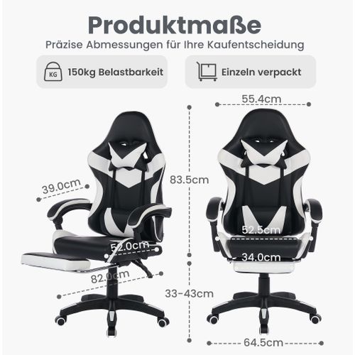 Fauteuil De Bureau Gamer Massant Ergonomique En Simili Blanc Et Noir, Hauteur Réglable