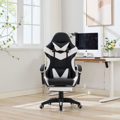 Fauteuil De Bureau Gamer Massant Ergonomique En Simili Blanc Et Noir, Hauteur Réglable