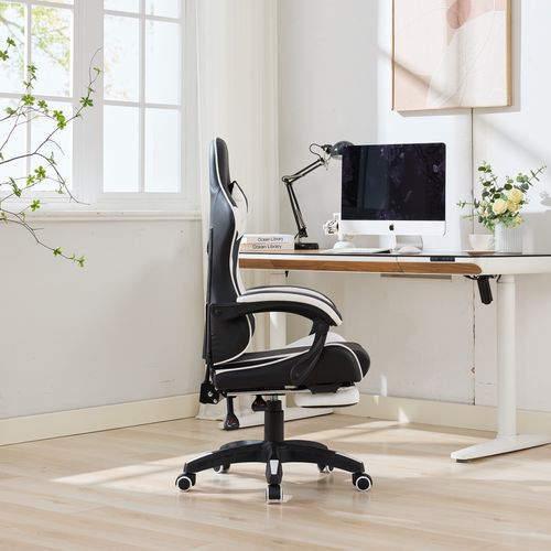 Fauteuil De Bureau Gamer Massant Ergonomique En Simili Blanc Et Noir, Hauteur Réglable