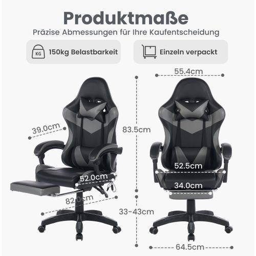 Fauteuil De Bureau Gamer Massant Ergonomique En Simili Noir Et Gris, Hauteur Réglable