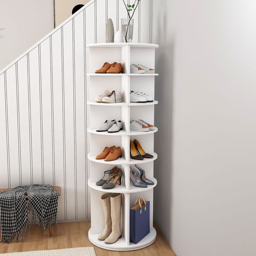 Meuble à Chaussures Tournant 6 Niveaux 60x60x161 Cm Blanc, Pour 24 Paires