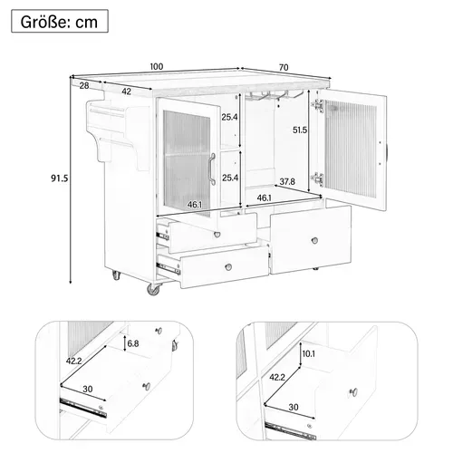 Desserte à Roulette Blanche Et Bois Extensible, Îlot De Cuisine Avec 3 Tiroirs Et 2 Portes En Verre