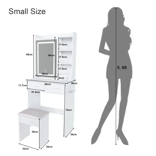 Coiffeuse Et Tabouret 60x36x136 Cm Blanche Avec LED Réglable, 2 Tiroirs, 2 Ports USB