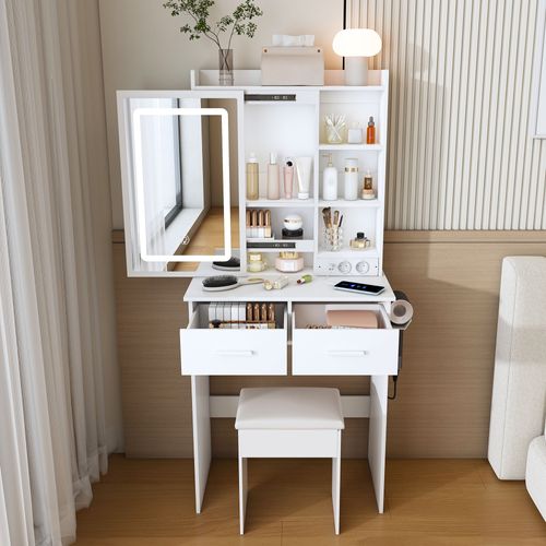 Coiffeuse Et Tabouret 60x36x136 Cm Blanche Avec LED Réglable, 2 Tiroirs, 2 Ports USB