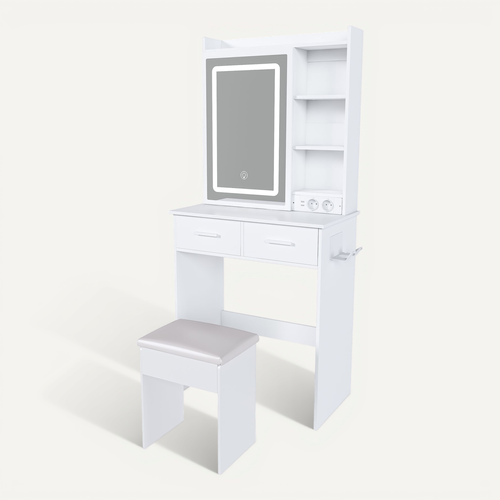 Coiffeuse Et Tabouret 60x36x136 Cm Blanche Avec LED Réglable, 2 Tiroirs, 2 Ports USB