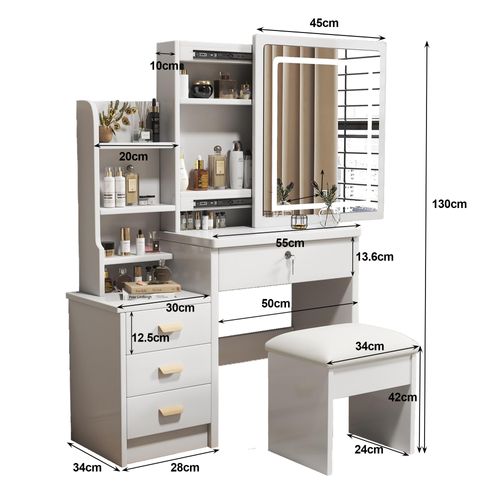 Coiffeuse Avec Tabouret 85x130x36 Cm Avec Miroir LED 3 Modes, 4 Tiroirs, Blanc