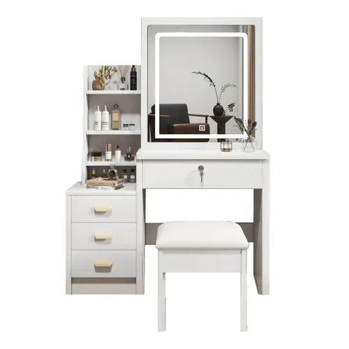 Coiffeuse Avec Tabouret 85x130x36 Cm Avec Miroir LED 3 Modes, 4 Tiroirs, Blanc