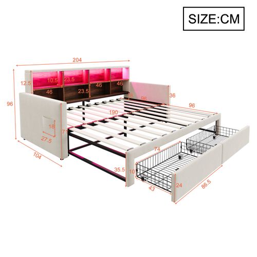 Lit Enfant Gigogne 90/180x190 Cm Velours Beige Avec LED, Ports USB/type-c, 2 Tiroirs