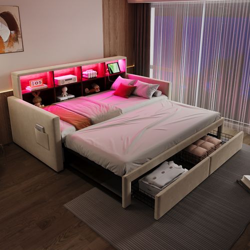Lit Enfant Gigogne 90/180x190 Cm Velours Beige Avec LED, Ports USB/type-c, 2 Tiroirs