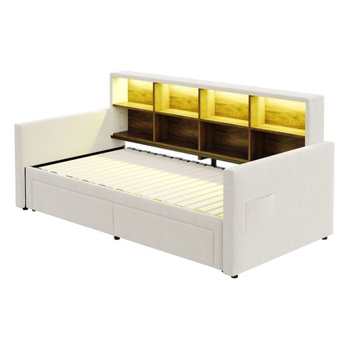 Lit Enfant Gigogne 90/180x190 Cm Velours Beige Avec LED, Ports USB/type-c, 2 Tiroirs