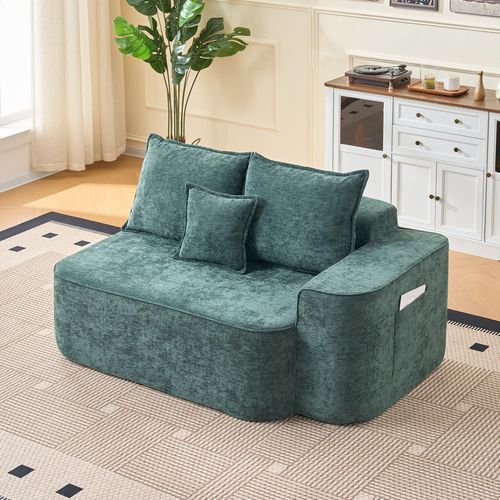 Canapé 2 Places Avec Poches Latérales Tissu Chenille Vert